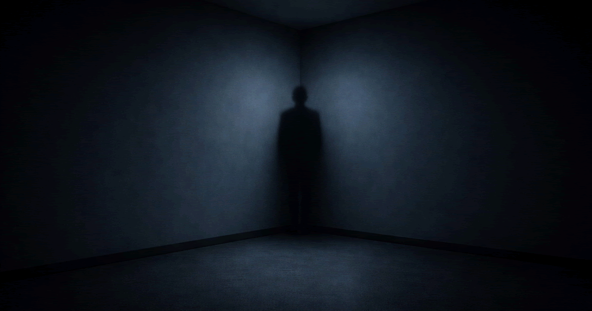 部屋の角に立つ人の背中を象徴的に描いた暗いトーンの抽象イラスト