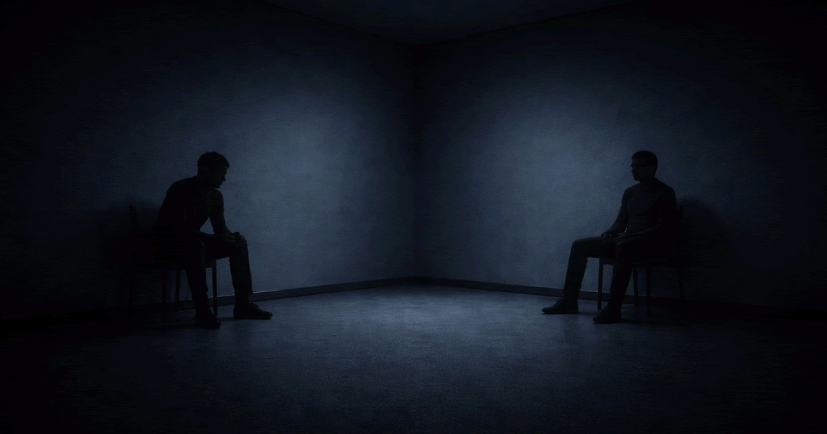 静かな部屋で距離を保って座る二人の人物を描いた抽象的なイラスト