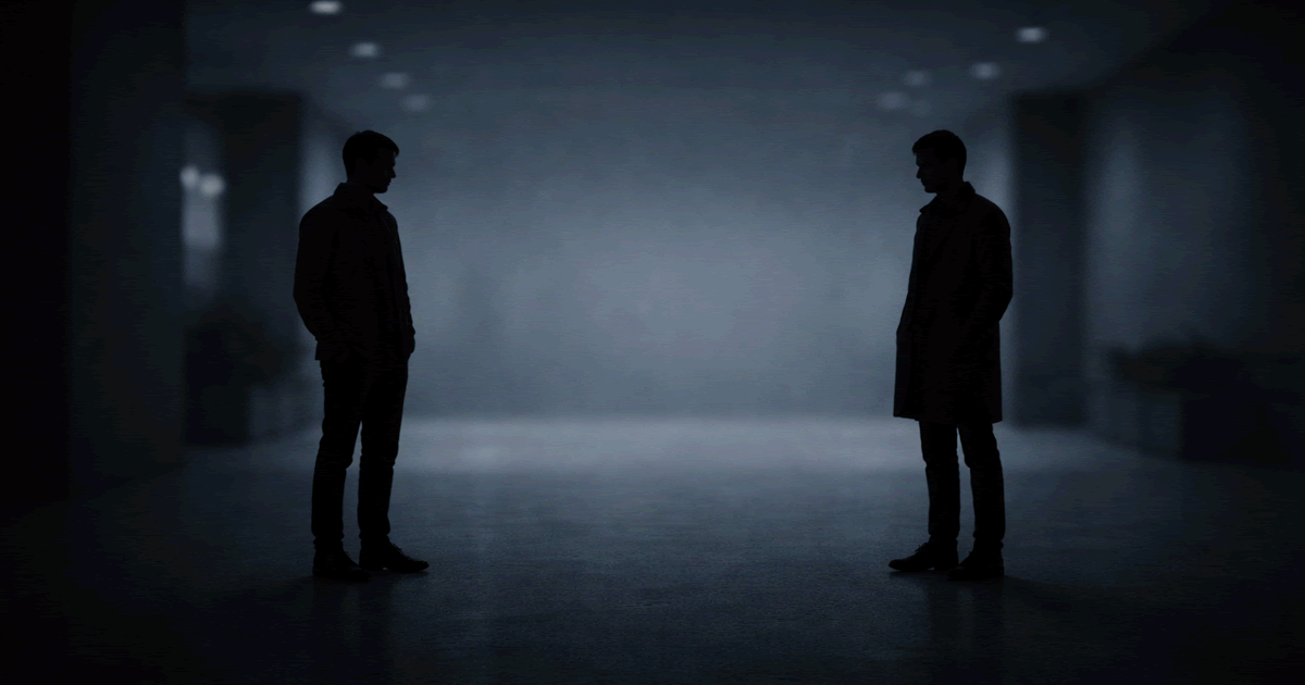 互いに視線を避ける二人の人物を描いた抽象的なイラスト