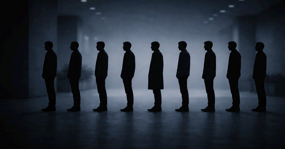 順序よく並ぶ人々のシルエットを描いた抽象的なイラスト