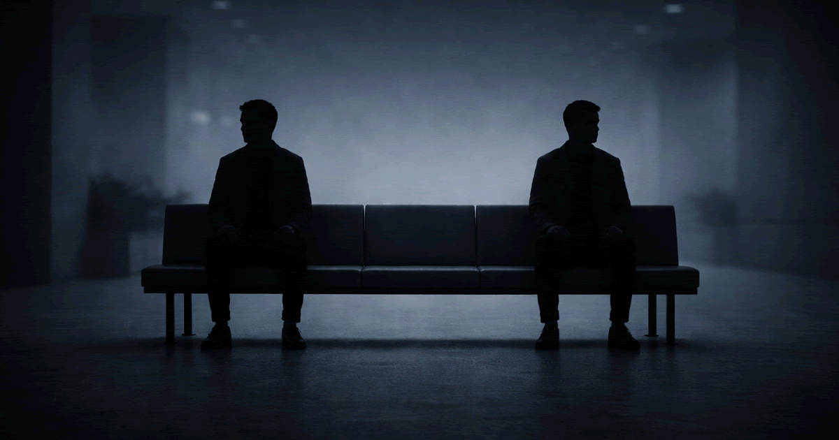 一席分の距離を空けて座る二人の人物を描いた抽象的なイラスト