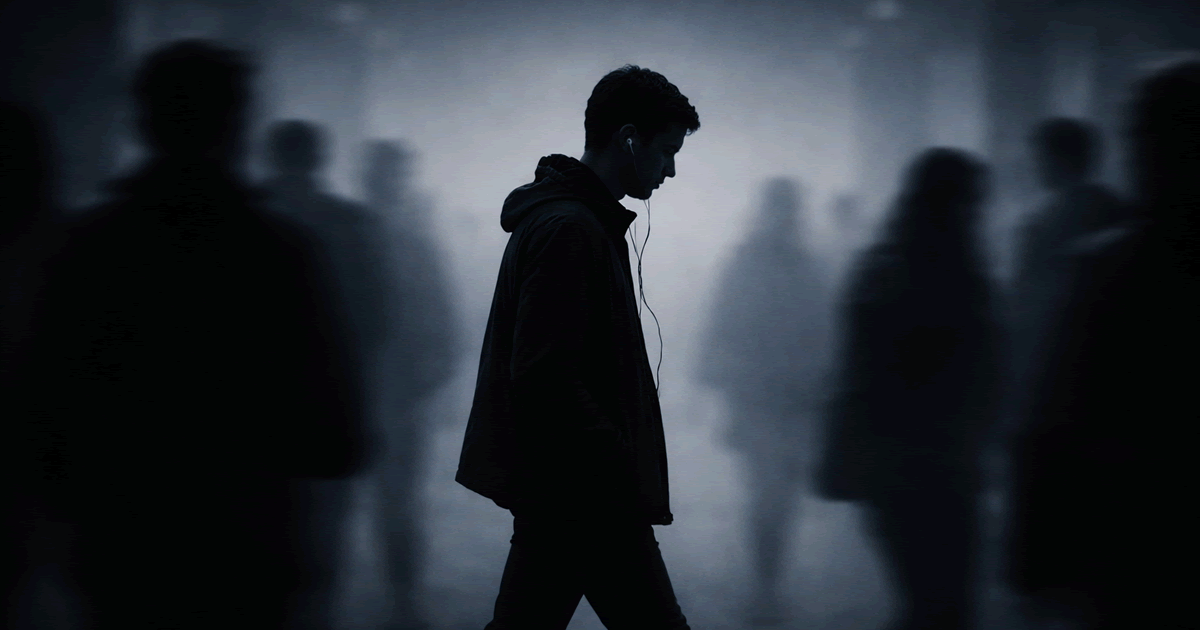 イヤホンをつけて雑踏の中を歩く人物が他者との心理的境界を示す抽象的イラスト