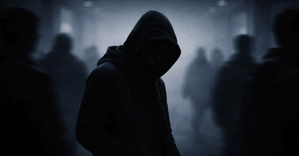 フードを深くかぶり視線を隠す人物が心理的距離を示す抽象的イラスト