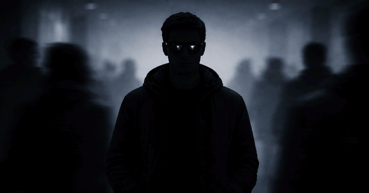 サングラスで視線を隠し周囲を観察する人物を描いた抽象的なイラスト