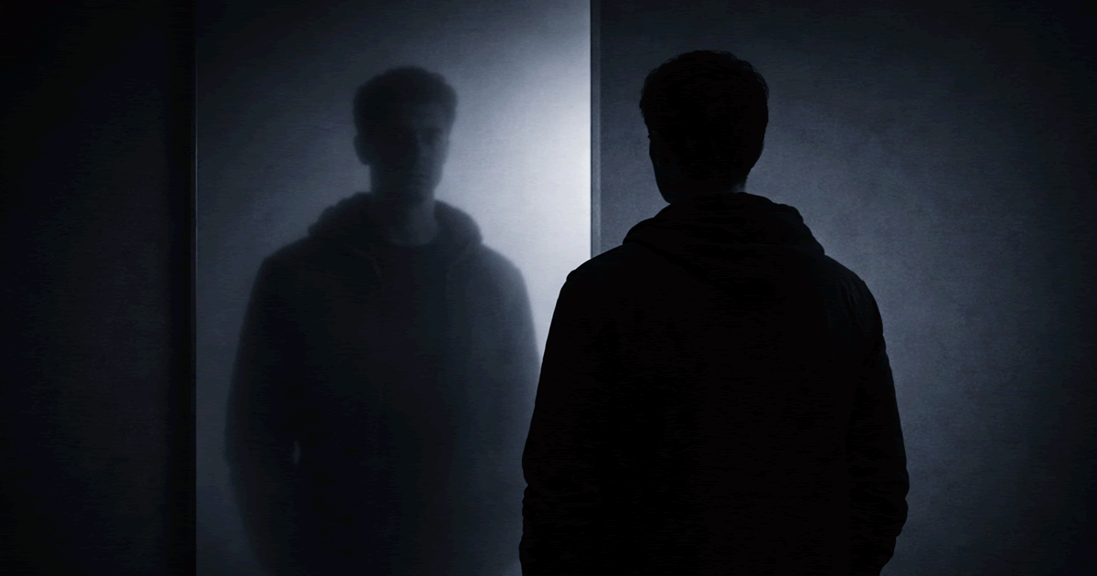 鏡に映る自分と向き合う人物が自己認識を象徴する抽象的なイラスト