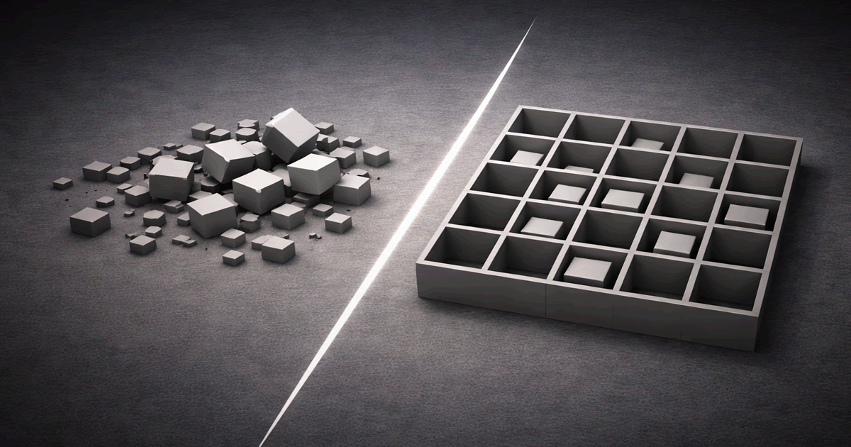 無秩序な空間が制度によって枠組みに整理される様子を象徴した抽象的なイメージ