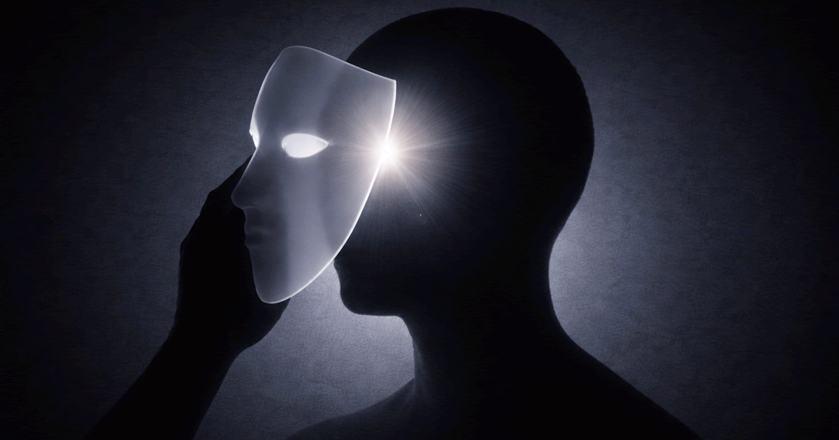 仮面が外れかけたシルエットが匿名による解放を象徴する抽象イメージ