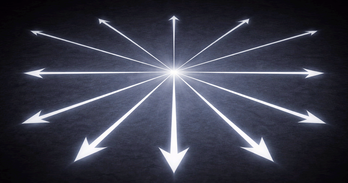 中心の小さな傾きが外側で増幅される集団極性化を象徴する抽象イメージ