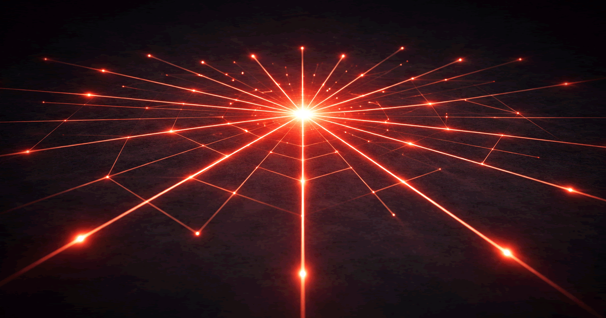 中央の赤い火種から線が拡散する怒りの投稿の増幅を象徴する抽象イメージ