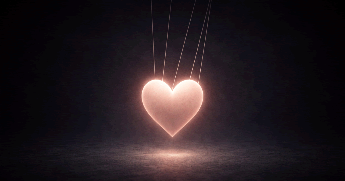 糸で引かれる心臓のシルエットが不安の操作性を象徴する抽象イメージ