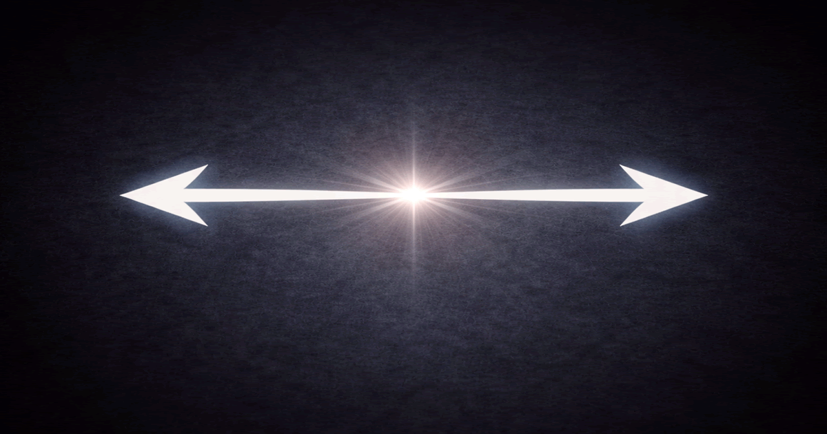 中央から反対方向へ伸びる矢印が対立と分極化を象徴する抽象イメージ