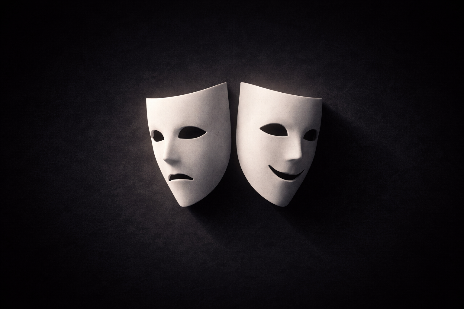向きの異なる二つの仮面が人格の切り替えを象徴する抽象イメージ