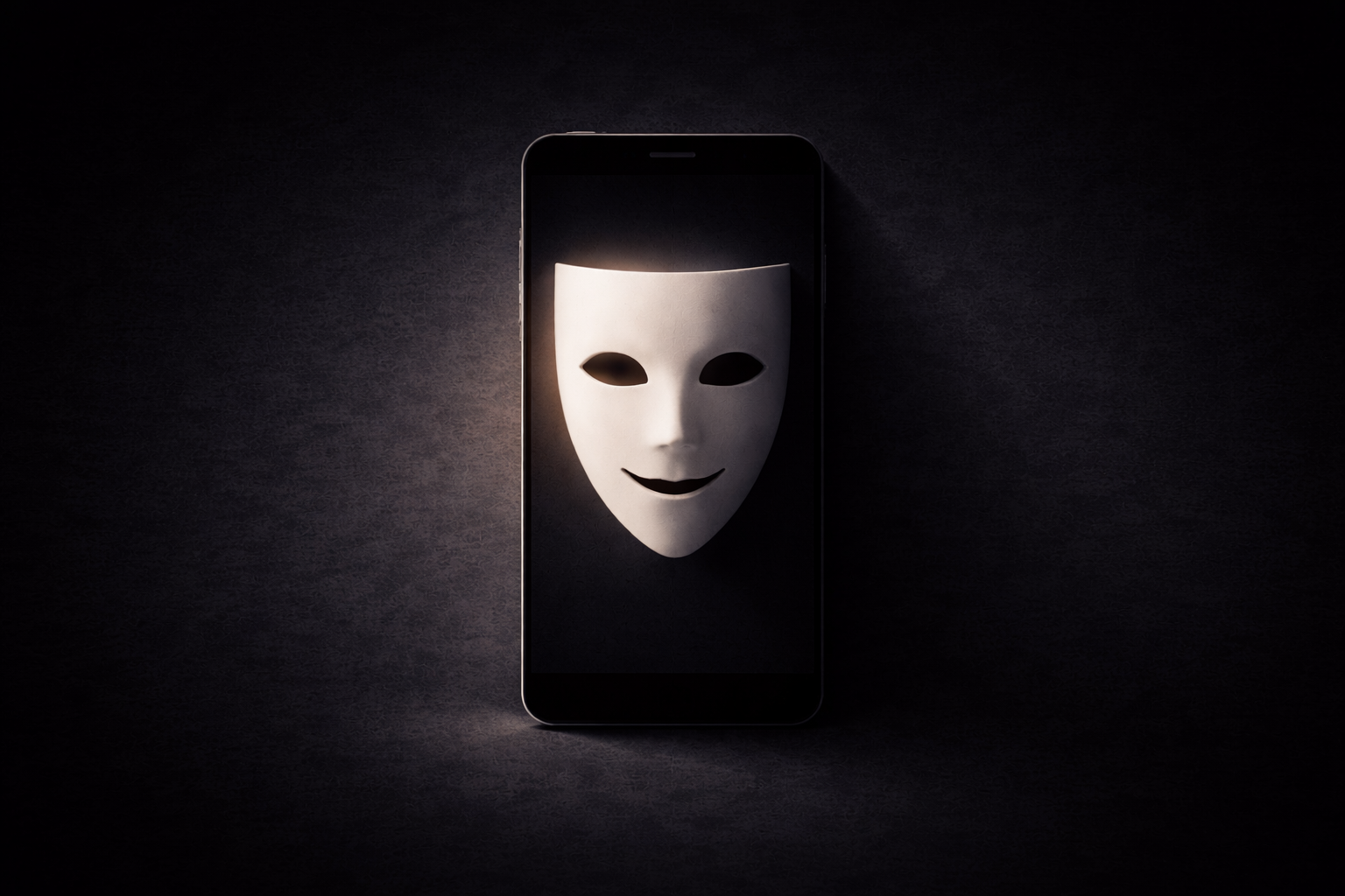 スマートフォン画面の中に仮面が浮かぶSNSの別人格を象徴する抽象イメージ