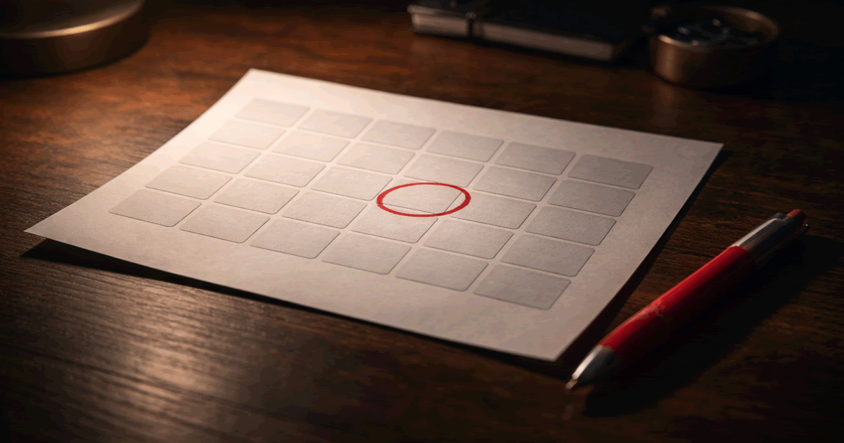 暗い木製デスクの上に置かれた紙のカレンダーと赤丸の日付を写したリアルな写真風イメージ