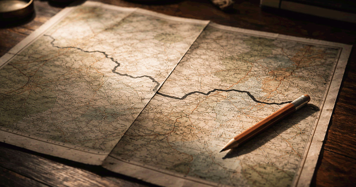 暗い机の上に広げられた古い地図と鉛筆で引かれた一本の境界線のリアルな写真風イメージ