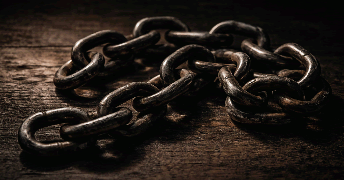 暗い机の上に置かれた鉄の鎖と長く伸びる影のリアルな写真風イメージ