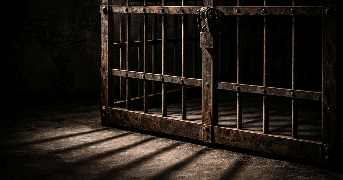 暗い空間に置かれた鉄製の檻と床に伸びる格子の影のリアルな写真風イメージ