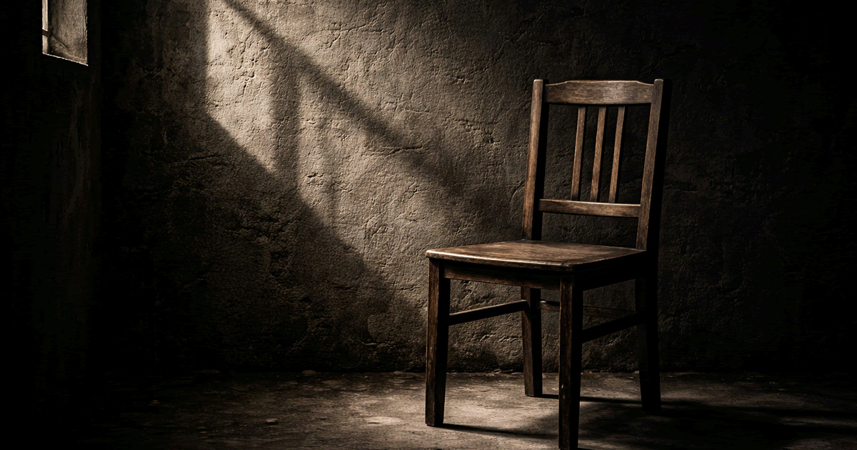 暗い室内で椅子の大きく歪んだ影が壁に映るリアルな写真風イメージ