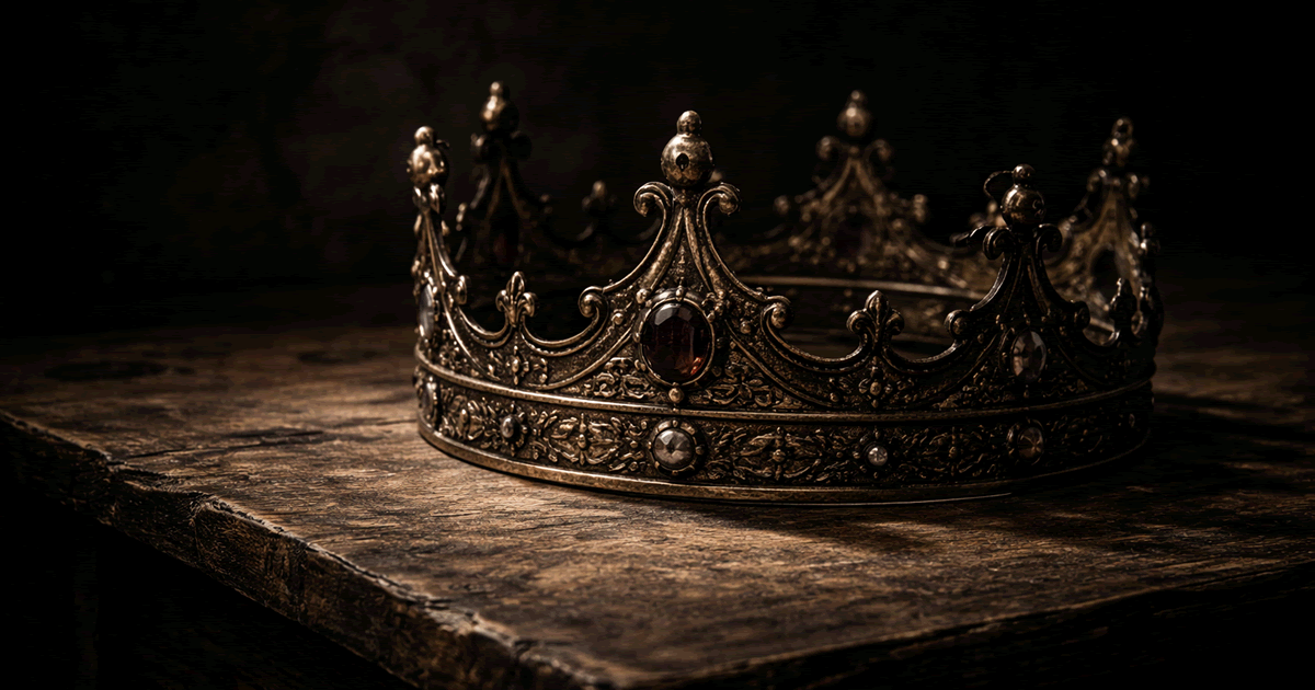 暗い空間で机の上に置かれた金属製の王冠